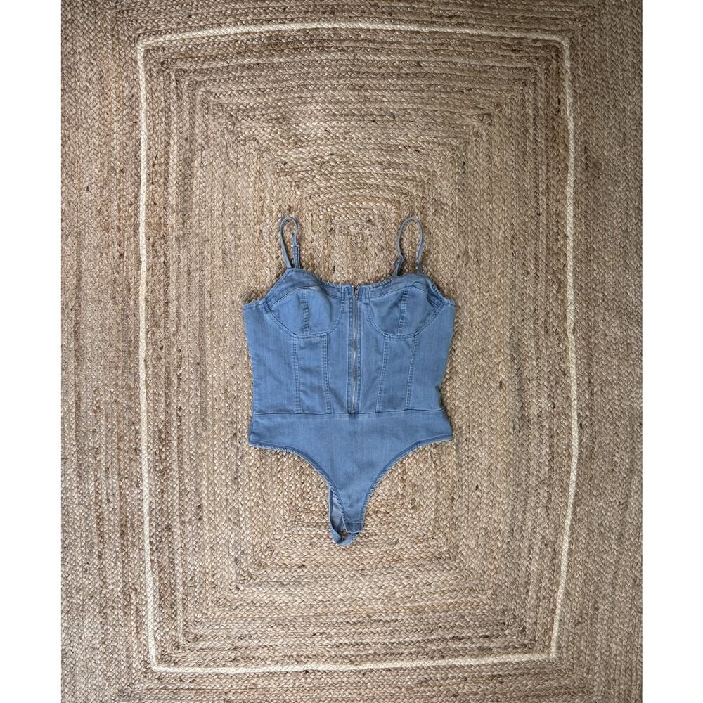 Women Iris Denim Bodysuit Large Zip Up Corset